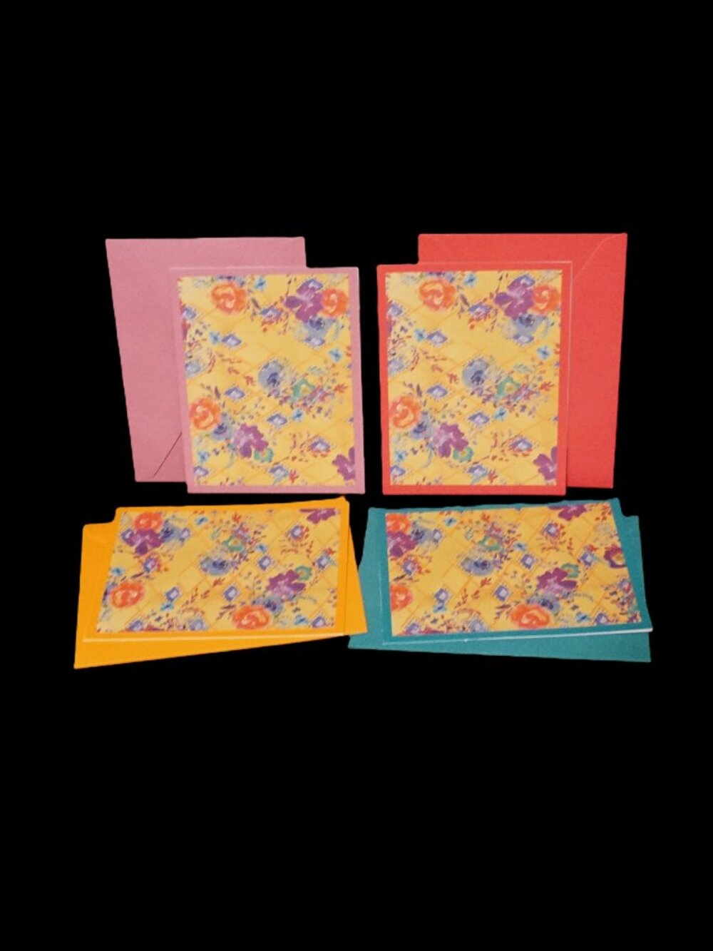 Set of 4 Large Multi Color Handmade Note Cards with Goldenrod Floral Print